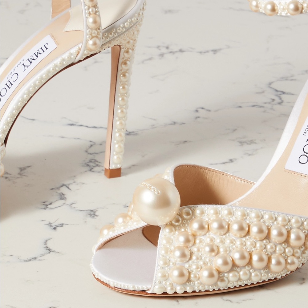 New Jimmy Choo Sacora 100 White Satin Sandals with All Over Pearls 36 - Picture 9 of 17